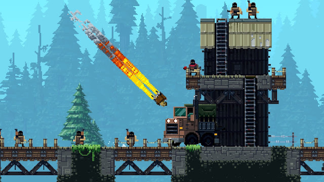 Broforce - Brocketeer flying and landing headfirst on an enemy truck.