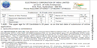 Tradesman Electronic Mechanic/R&TV Fitter Electrician Machinist Turner Job Vacancies in ECIL