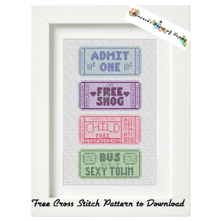 A set of satirical and snarky fairground tickets in cross stitch