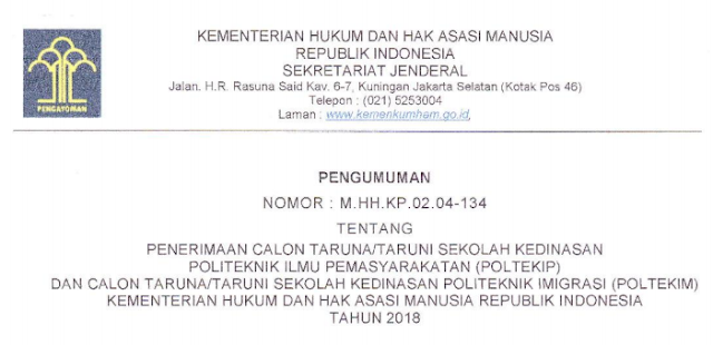 Info Pengumuman Penerimaan Calon Taruna/i Sekolah Kedinasan Poltekip dan Poltekim