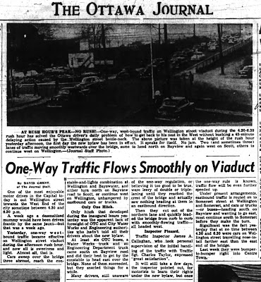 Clipping of an article and photo of The Ottawa Journal with headline 'One-Way Traffic Flows Smoothly on Viaduct', and a photo showing two lines of cars approaching the Wellington/Bayview/Bayswater intersection over the viaduct from the previous day.