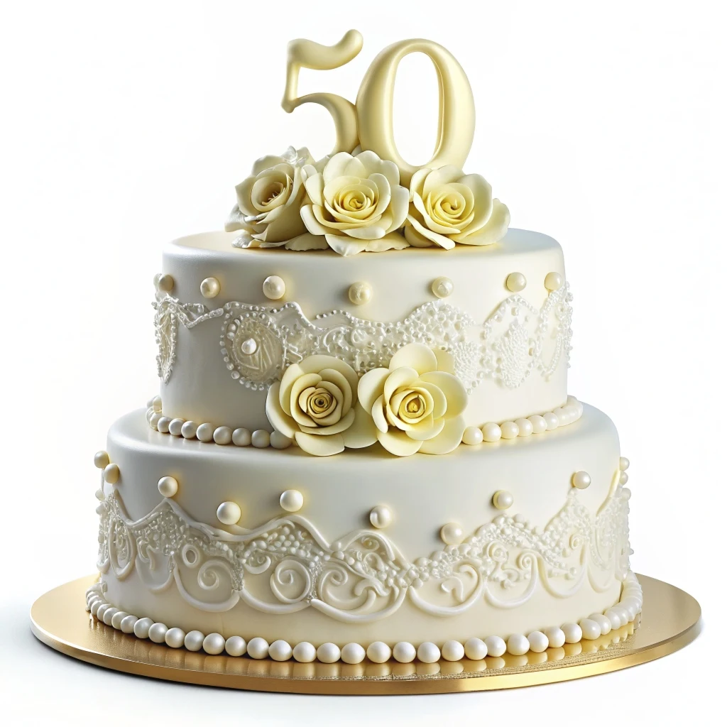  Pastel de aniversario de bodas de 50 años en color blanco decorado con rosas y perlas 
