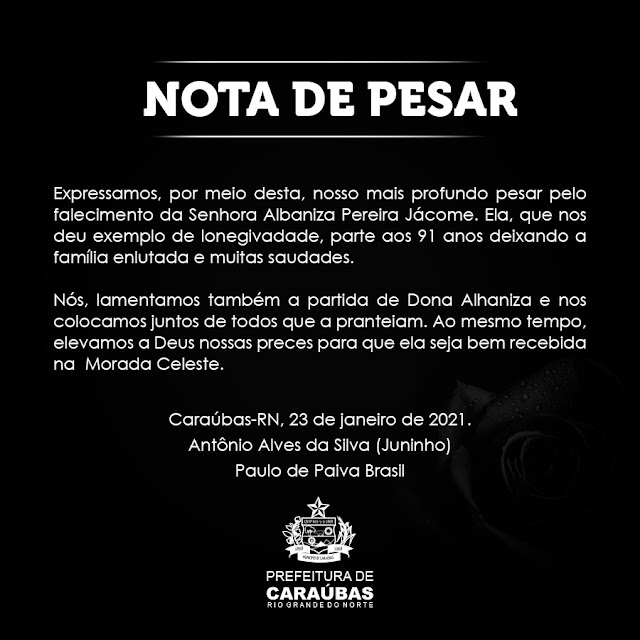 Prefeitura de Caraúbas emite Nota de Pesar pelo falecimento da Senhora Albaniza Pereira Jácome
