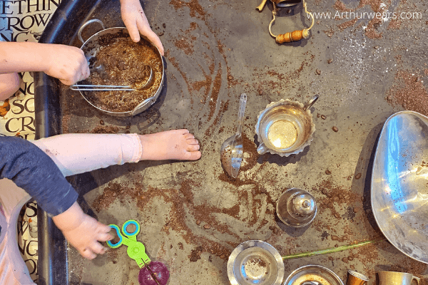 coffee beans sensory play tray with coffee grinder - tuff tray ideas