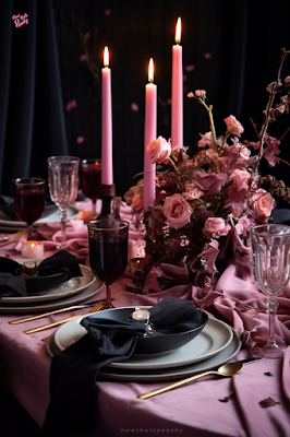 Lux Gothic Pink & Black Dinner Party Tablescape for Alternative Weddings or Glamourous Bridal Showers, Fancy Cool Bachelorette Dinner Parties or Beautiful Birthday Celebrations for Adults