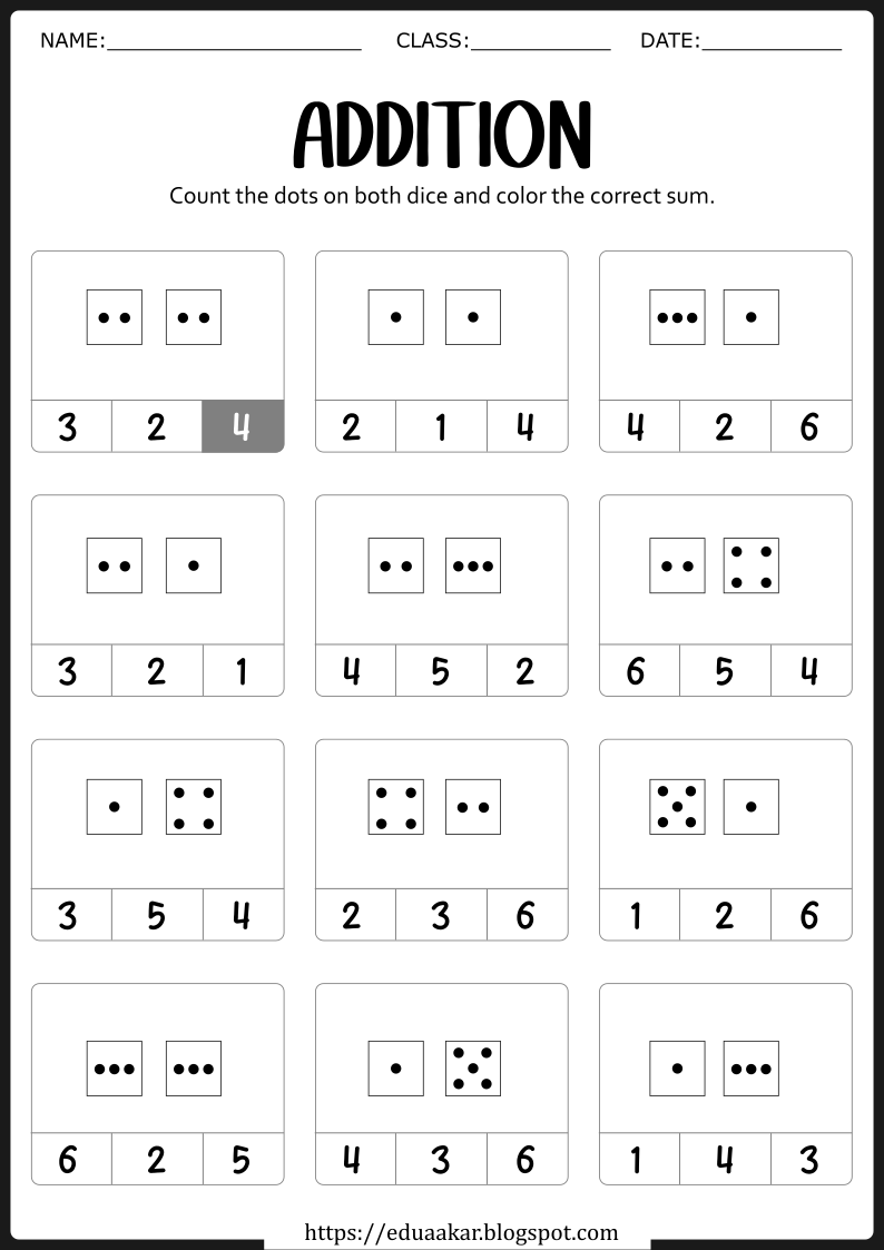 Dice Dot Addition Worksheets