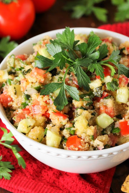 Quinoa Tabouli {or Tabbouleh} ~ A gluten-free version of tabouli, loaded with fabulous flavor from fresh vegetables, parsley, & mint. Great as a side dish or with crackers for a snack.