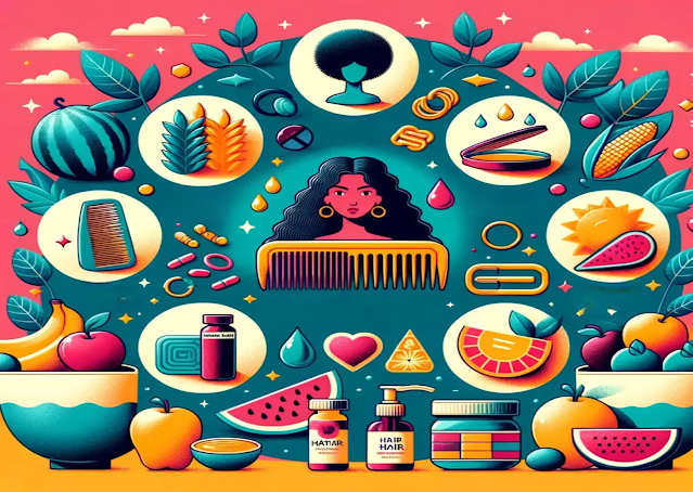 A vibrant illustration showcasing various natural ingredients like fruits, vegetables, oils, and supplements along with hair care tools and symbols, surrounding a woman with curly hair, representing a holistic approach to promoting healthy hair growth through nutritious foods and natural remedies.