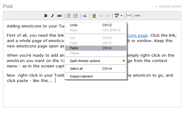 Adding an emoticon to Tumblr post