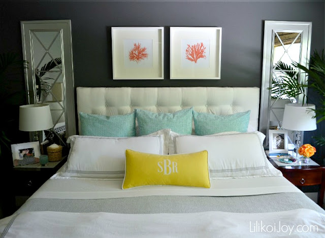 Colorful coastal master bedroom makeover