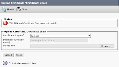 The Upload Certificate dialog of Platform Administration showing an error that CSR SAN and issued certificate SAN do not match.