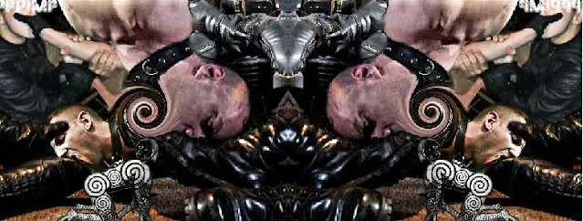 Digital art kaleidoscope mirrored of bald slave collared licking Masters black leather boot