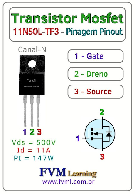 Datasheet-Pinagem-Pinout-Transistor-Mosfet-Canal-N-11N50L-TF3-Características-Substituição-fvml