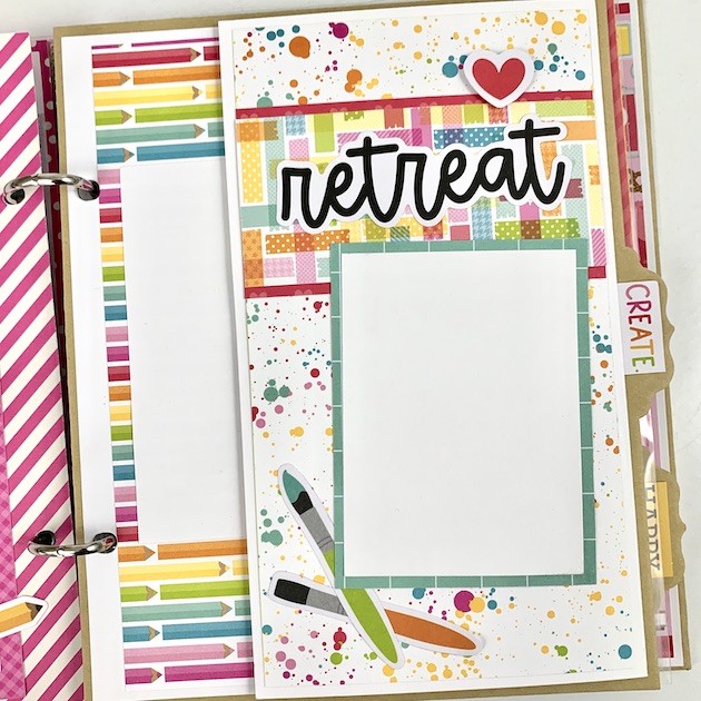 Crafting Memories scrapbook album page with with craft supplies and space for photos of a scrapbooking retreat