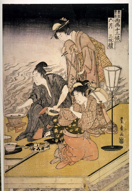 Ukiyo-e. Träsnitt. Triptyk. Twelve Months by Two Artists, Toyokuni and Toyohiro.