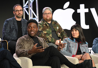 Sam Richardson, Anthony King, Executive Producer, Zoe Chao, and Paul Walter Hauser from “The Afterparty” Season 2 speaks at the Apple TV+ 2023 Winter TCA Tour at The Langham Huntington Pasadena.