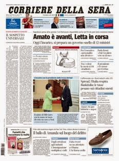 Corriere della Sera del 24 Aprile 2013 | ISSN 1120-4982 | TRUE PDF | Quotidiano | Cronaca | Politica
Il Corriere della Sera è uno storico quotidiano italiano, primo per diffusione, con 445.000 copie di media giornaliera nel luglio 2012. Ha sede a Milano ed è pubblicato da RCS MediaGroup.
Il Corriere della Sera nacque nel febbraio del 1876 quando Eugenio Torelli Viollier, direttore de La Lombardia, e Riccardo Pavesi, editore della medesima, decisero di fondare un nuovo giornale.