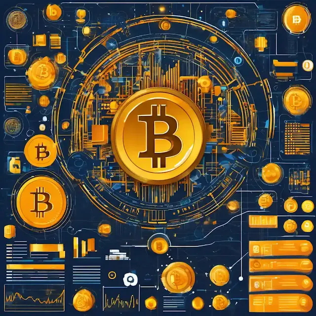 Bitcoin Mastery 2024: Visualization of Cryptocurrency Success. Dynamic image featuring Bitcoin icons, futuristic elements, and a roadmap, symbolizing the journey of mastering Bitcoin for beginners in 2024.