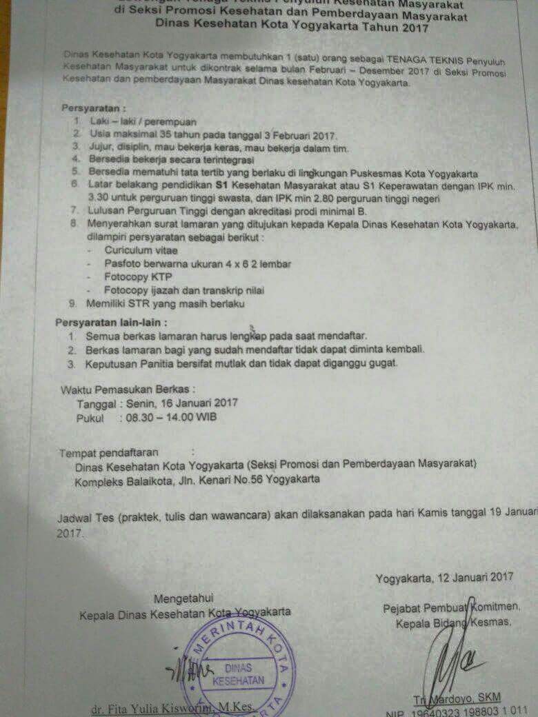 Lowongan Kerja Perawat & Kesmas di Dinkes Kota Yogyakarta 2017