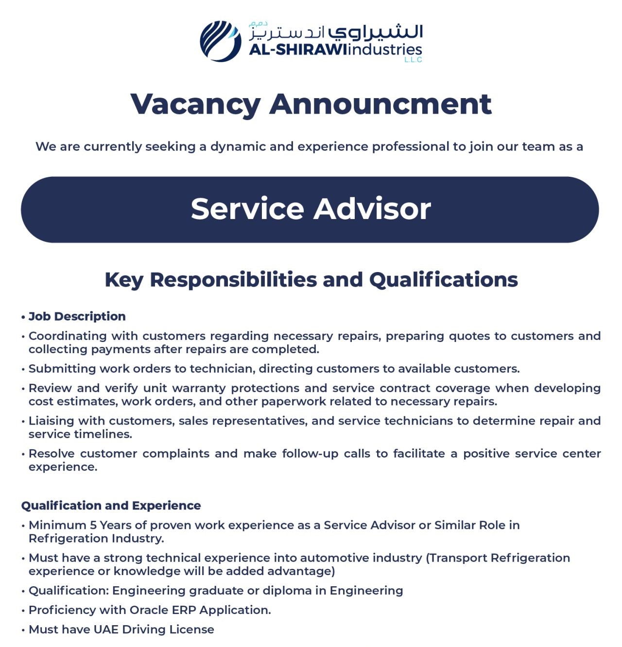 Hiring: Service Advisor | Al Shirawi Industries L.L.C | Latest Jobs in Dubai 2025