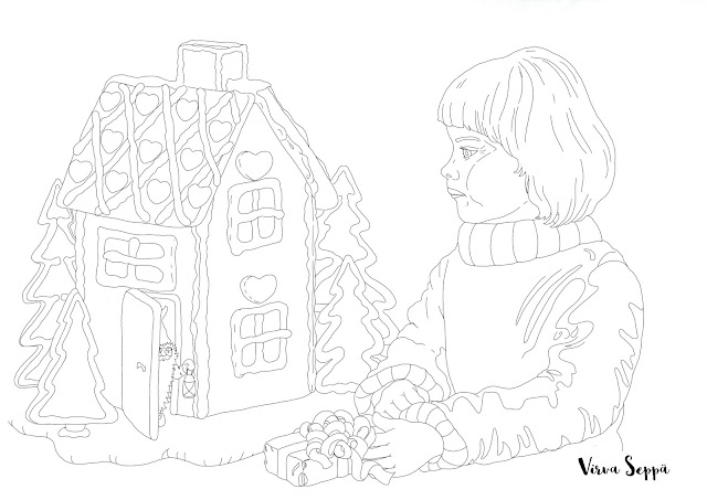 A coloring page of a child, a gingerbread hoyse and a Christmas elf (by Virva Seppä) / Värityskuva lapsesta, piparkakkutalosta ja tontusta (Virva Sepän käsialaa)