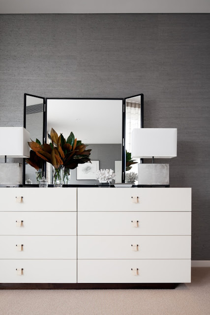Photo of white furniture with the mirror in the bedroom