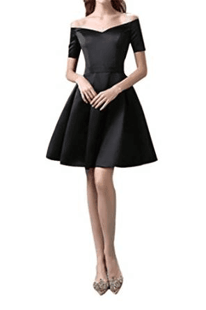 short black satin off shoulder bridesmaid dress