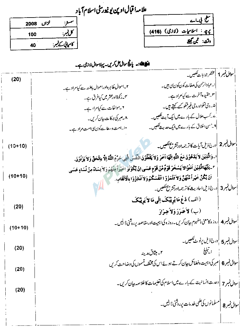 AIOU Code 416 Islamiat Bachelor Autumn 2008