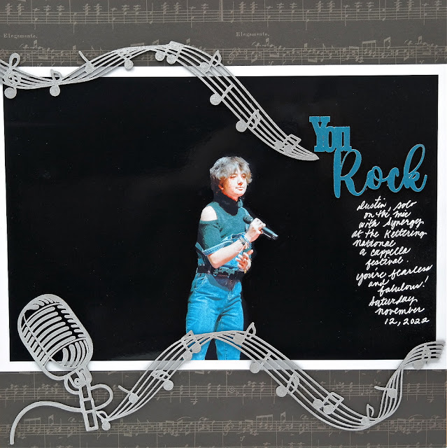 You Rock A Cappella Solo Scrapbook Layout with Chipboard Music Notes, Title, and Microphone on an Oversized Photo.
