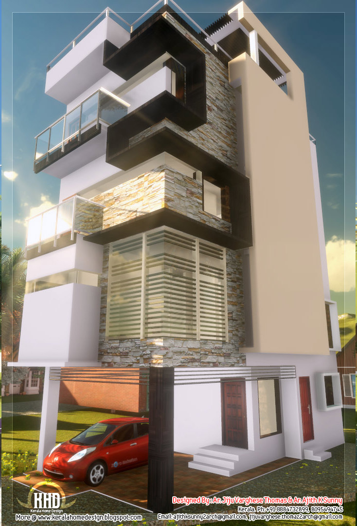 3 Floor contemporary narrow home design Kerala House  Design