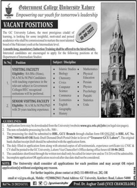 Latest Government College University Teaching Posts Lahore 2022