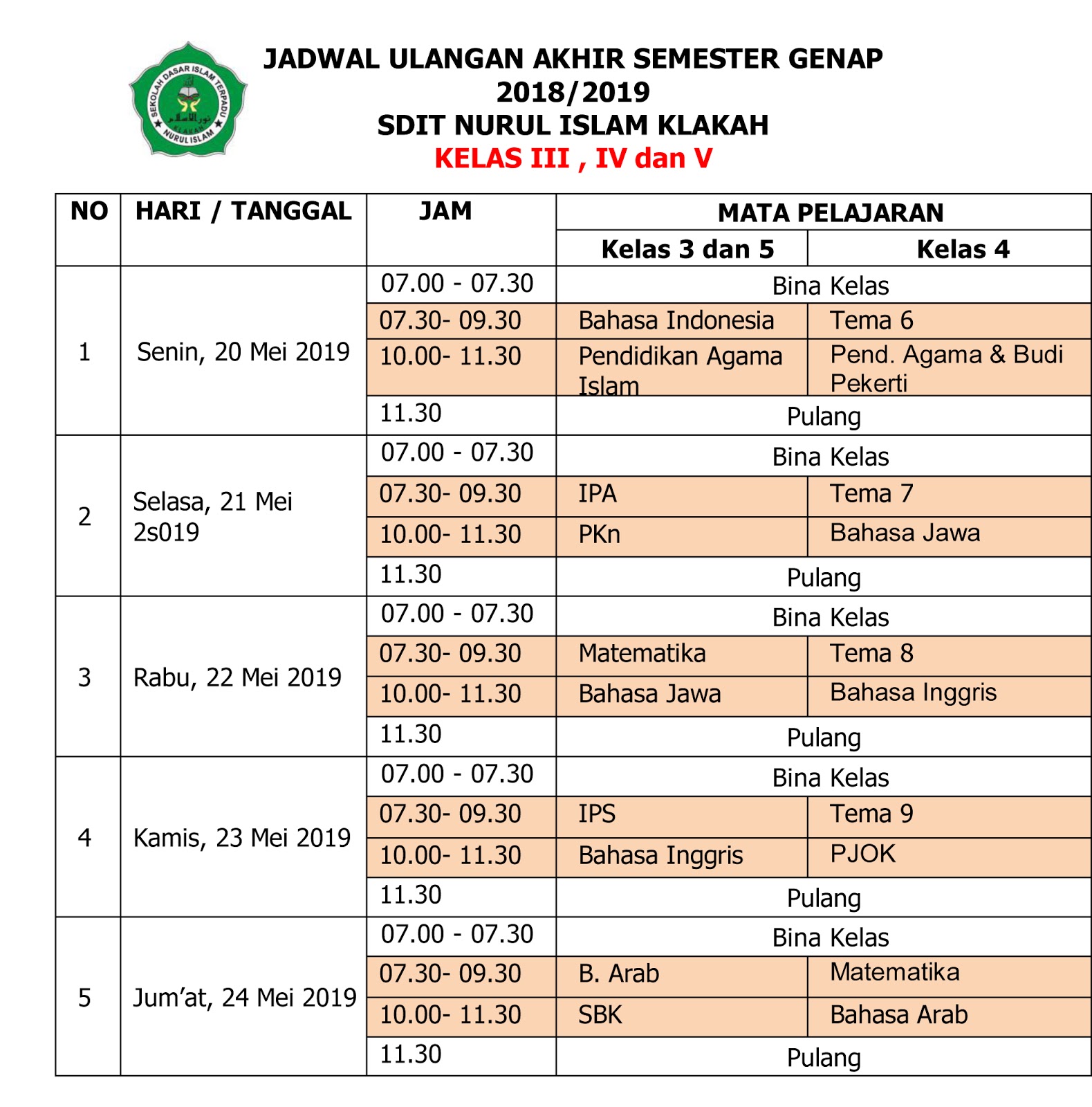 Jadwal UAS Genap dan Kegiatan Ramadhan 2018 2019
