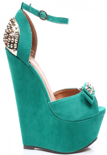 SEA GREEN FAUX SUEDE STUD BOW PEEP TOE ANKLE STRAP PLATFORM WEDGE