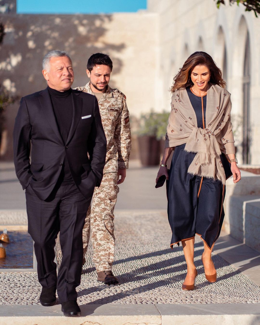 Queen Rania of Jordan stepped out for a walk around the Palace wearing a Stella McCartney Dress