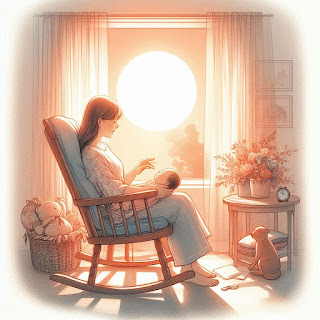 A parent holding a calm baby in a cozy nursery, bathed in soft natural light.
