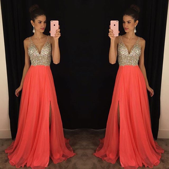 crystals long prom dress