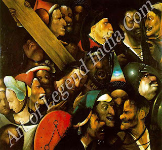 Christ Carrying the Cross (1510-16) In the centre of this swirling mass of ugly, deformed and base humanity is Christ resignedly bearing the cross to Golgotha. The grotesquery is plainly the evil in humanity and the faces apparently hanging in space show Bosch's use of distortion to express a strong emotional point. 