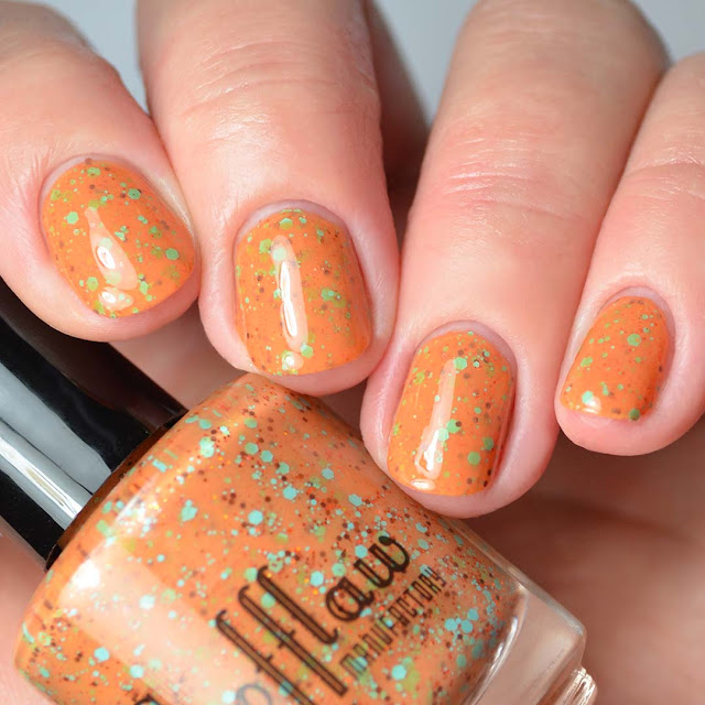 orange nail polish with colorful glitter four finger swatch