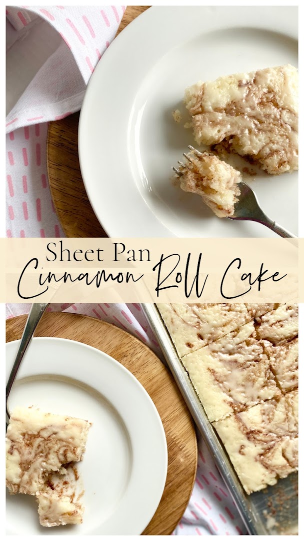 Collage of cinnamon roll cake on a white plate.