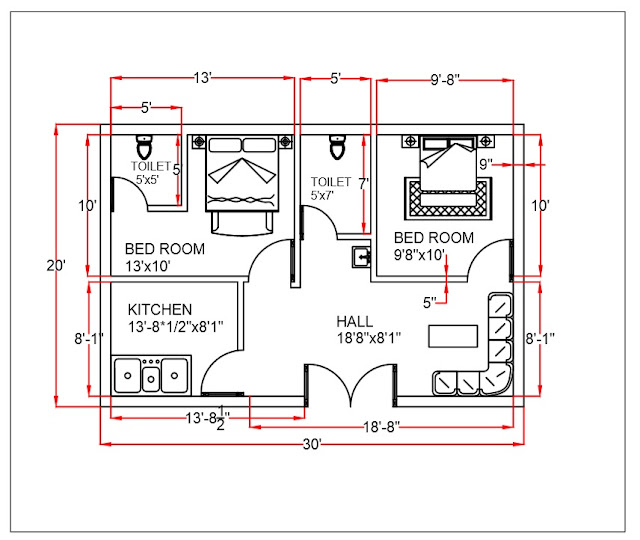 2 bhk house plan (30'x20' sq feet)