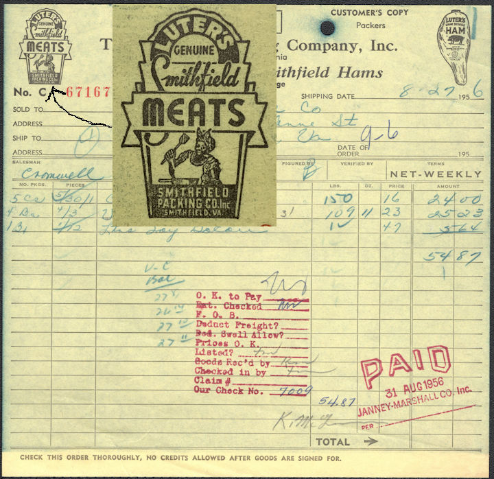 Vintage 8" tall (or larger - size varies) invoices.  They all have the Luter's Meat Mammy logo on the left top and the Luter's Meat pig logo on the right top. They are all dated in the 1950s. I inset a larger mammy image so you can see it better. We acquired these from the estate of Zane Shaffer who was one of the largest country store dealers on the East Coast. They all have staples, staple holes, and folds.