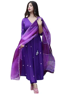 GoSriKi Women's Cotton Blend Anarkali Embroidered Kurta with Pant & Dupatta