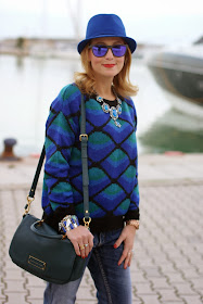 Zara statement necklace, casual cobalt outfit, Marc by Marc Jacobs too hot to handle peacock, Fashion and Cookies, fashion blogger