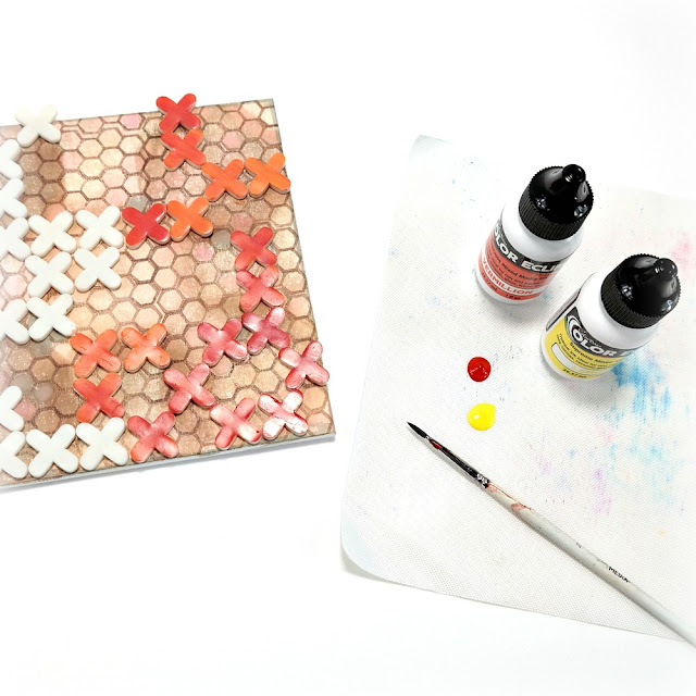 How to Paint Rubber Tile Spacers with Orange and Yellow ColorBox Color Eclipse Mixed Media Ink to Layer on a Mixed Media Canvas