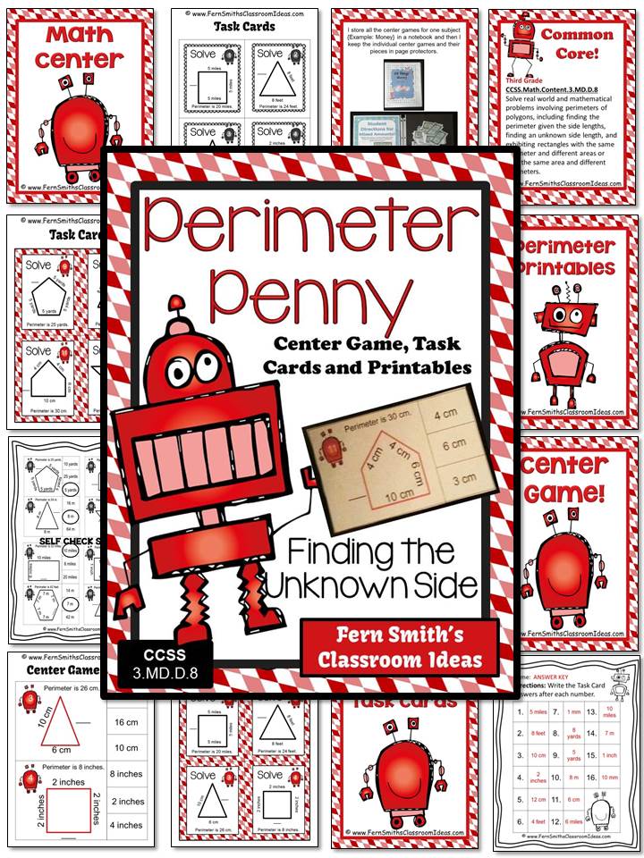 Perimeter Penny Mega Math Pack - Finding the Unknown Side for the Perimeter Printables, Task Cards and Center Game For 3.MD.D.8 at TPT.