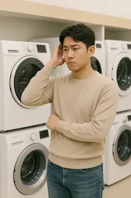 세탁기 구매 중 고민하는 소비자