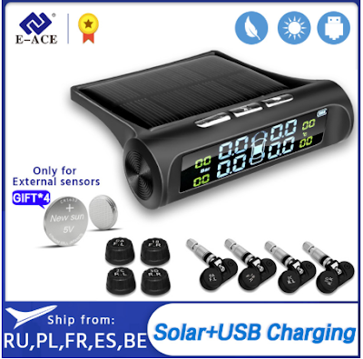 E-ACE energía Solar TPMS con alarma de presión de neumático de coche sistema de Monitor sistemas de alarma de seguridad de coche neumáticos de presión de advertencia de temperatura