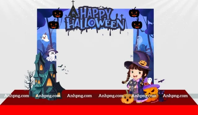 Cổng Halloween đẹp mắt với hình ảnh bí ngô, phù thủy và các yếu tố trang trí đậm chất lễ hội