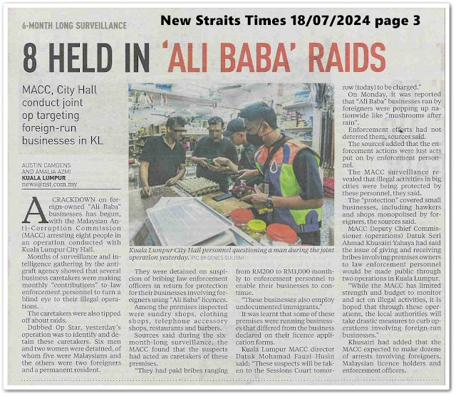 Swoop on 'Ali Baba' shops : MACC arrests 8 | Keratan akhbar New Straits Times 18 July 2024