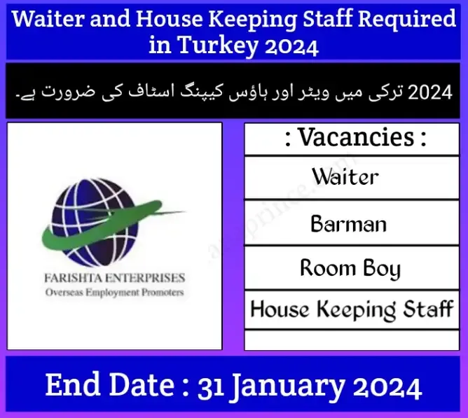Waiter and House Keeping Staff Required in Turkey 2024